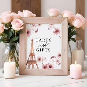 Panneau imprimable pour cartes et cadeaux, Paris, Français, Tour Eiffel, anniversaire, fleurs roses, mariée ou baby shower, téléchargement immédiat, 8 x 10