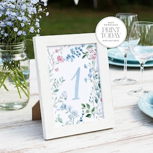 Números de mesa em aquarela azul claro 1–25 – Design floral pintado à mão, decoração elegante para casamento ou chá de bebê, 5x7, não editável, download instantâneo