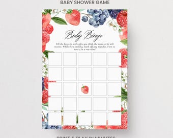 Jeu de bingo pour baby shower sur le thème des fruits rouges, activité à imprimer, fraises, téléchargement non modifiable