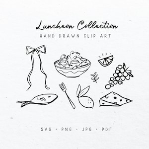 CLIP ART // Handgezeichnet, Illustrationen, Hochzeitsessen, Retro Zeichnungen, Mittagessen, Salat, Fisch, Käse, Obst, wunderlich, jpg, svg, png, pdf