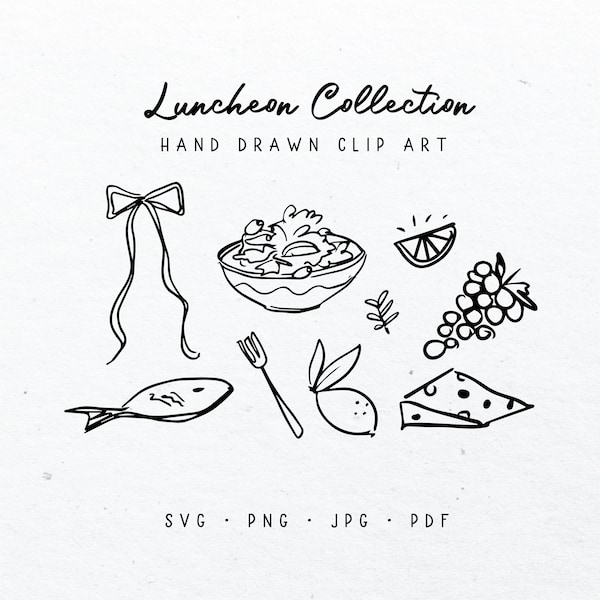 CLIP ART // Hand drawn, illustrations, wedding dinner, retro drawings, luncheon, salad, fish, cheese, fruit, whimsical, jpg, svg, png, pdf