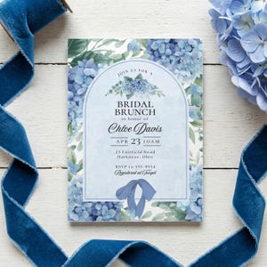 Bridal Shower Brunch Invitation, Blue Hydrangea, floral, romantic, blue bow, coquette, something blue, garden shower, 5x7, Canva template