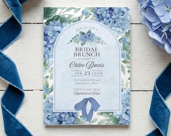 Blue Hydrangea Bridal Brunch Invitation: Romantic Floral Canva Template (5x7)