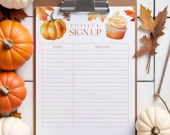 May include: A printable potluck sign-up sheet with an autumn theme. The sheet has a brown background with orange and white autumn leaves, a pumpkin, and a cupcake. The sheet has the words "Potluck Sign Up" in orange text. The sheet has two columns labelled "Name" and "Bringing".