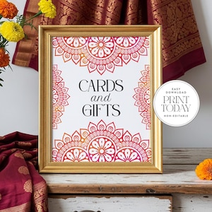 Roze mandalakaarten en cadeaubord – afdrukbaar van 5 x 7 en 8 x 10 | Indiase bruids- of babyshower, decor Sangeet, Shaadi | Niet-bewerkbare download