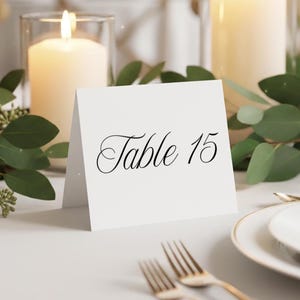 May include: A white table number card with the text "Table 15" in elegant black script. The card is set on a table with candles, greenery, and silverware, suggesting a wedding or formal event.
