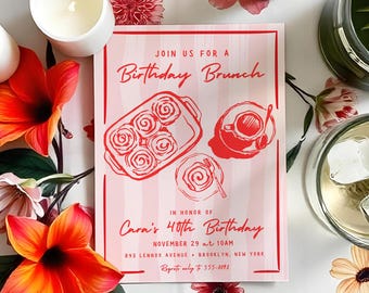 Birthday Brunch Invitation, Morning Celebration, Whimsical Hand Drawn, Canva Template