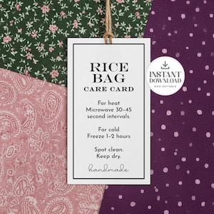 Op de afbeelding: Een witte rechthoekige verzorgingskaart voor een rijstzak, met zwarte tekst "RICE BAG CARE CARD". Instructies omvatten magnetron- en vriesrichtlijnen en "handmade" onderaan. Een kleine ronde sticker zegt "INSTANT DOWNLOAD".