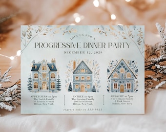 Puede incluir: Una invitación azul y dorada para una cena progresiva el 12 de diciembre de 2029. La invitación presenta ilustraciones de tres casas con un tema invernal. El texto dice "Únete a nosotros para una cena progresiva, 12 de diciembre de 2029".