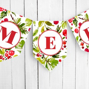 May include: A white banner with a red, green, and white watercolor pattern. The banner is strung together with red string and has the letters "MER" written in red on each section.