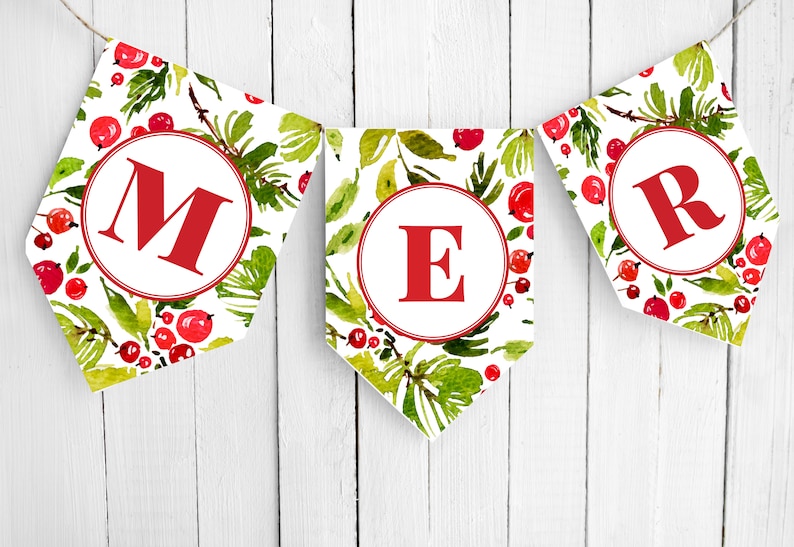 May include: A white banner with a red, green, and white watercolor pattern. The banner is strung together with red string and has the letters "MER" written in red on each section.