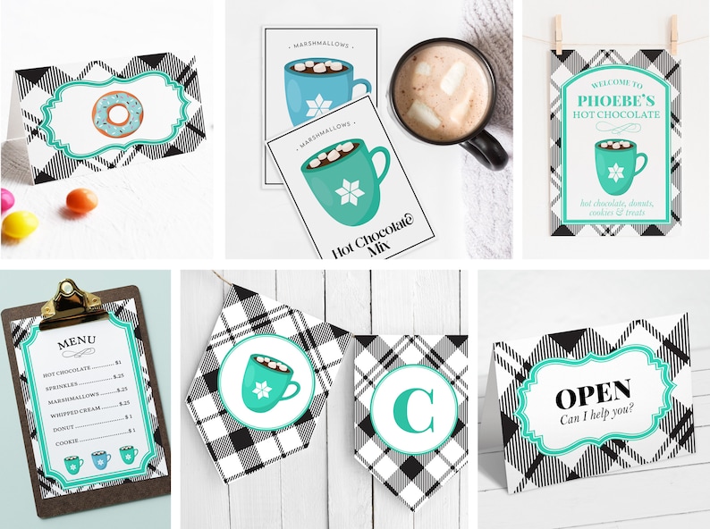 May include: A set of printable party decorations for a hot chocolate bar. The decorations feature a black and white plaid pattern with a teal blue accent color. The decorations include a menu, a welcome sign, an open sign, and a banner with the letter C.