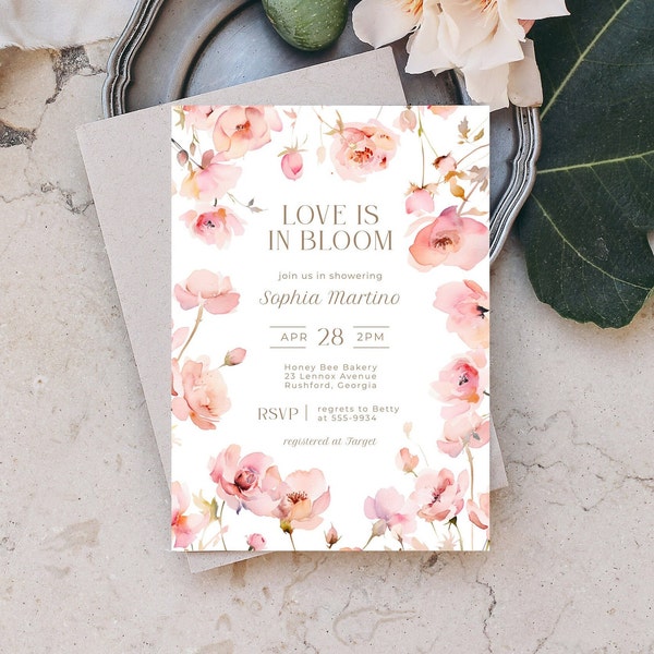 Blush Pink Floral Bridal Shower invitation, editable template, wedding shower, gold, floral, love is in bloom, instant download, 5x7