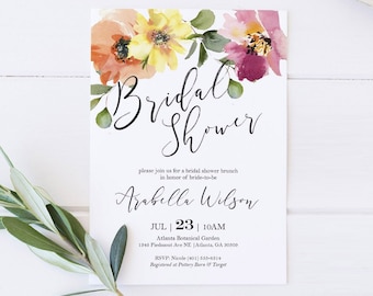 Floral Bridal Shower Invitation Template | Editable Bridal Shower Invitation | Watercolor Floral | Summer or Spring | Instant Download | 5x7