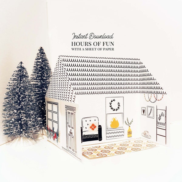Printable Origami Paper House | Winter Hygge House | Coloring Page | Kid's Activity | Instant Download | Paper Dollhouse | Paper Craft
