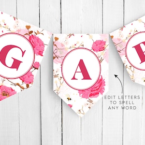 Banner de papel imprimible con letras florales rosas / Plantilla de banner de letras editables / Ducha nupcial o de bebé, Cumpleaños / Descarga instantánea en PDF