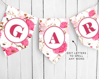 pink floral letter printable paper banner editable letter etsy