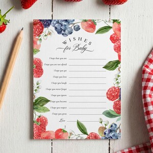 Deseos de bayas para bebé IMPRIMIBLES, actividad de recuerdo para baby shower, fresa, arándano, dulce bebé de bayas, descarga instantánea, 5x7, no editable