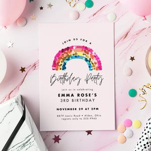 Rainbow Sequin Birthday Invitation, editable template, pink, any age, sparkles, modern, little girl, 5x7, Canva, instant download