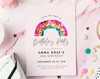 Rainbow Sequin Birthday Invitation, Girl Pink Party Invite, Editable Canva Template, 5x7