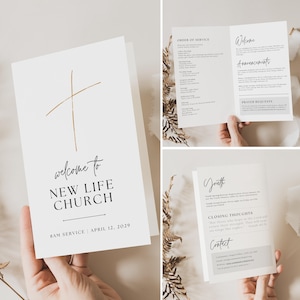 Peut inclure: Une carte blanche avec une croix dorée et le texte "welcome to NEW LIFE CHURCH 8AM SERVICE | APRIL 12, 2029".
