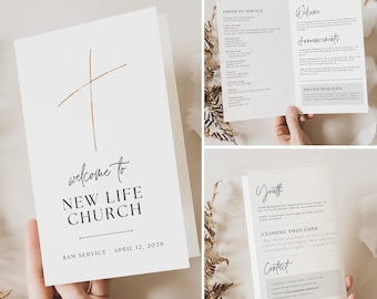 May include: A white card with a gold cross and the text "welcome to NEW LIFE CHURCH 8AM SERVICE | APRIL 12, 2029".
