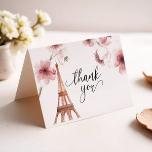 PRINTABLE French Thank You Card, Paris, Birthday, Bridal or Baby Shower, Eiffel Tower, Flowers, Instant Download, non-editable, 5x3.5 folded