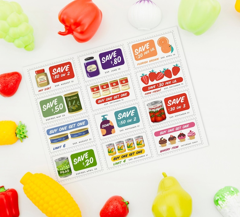 May include: A collection of colorful grocery coupons with various discounts and offers. The coupons feature images of different food items, such as olives, tomatoes, corn, peas, and soap. The coupons also include text with details about the discounts, such as "Save $80 on 2", "Buy One Get One", and "Limit 6".