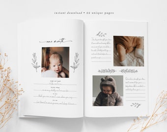 Op de afbeelding: Een open baby-herinneringsboek met foto's en handgeschreven tekst. Het woord "one month" staat in script. Het boek biedt ruimte om babygegevens vast te leggen. Bovenstaande tekst luidt "instant download - 22 unieke pagina's".