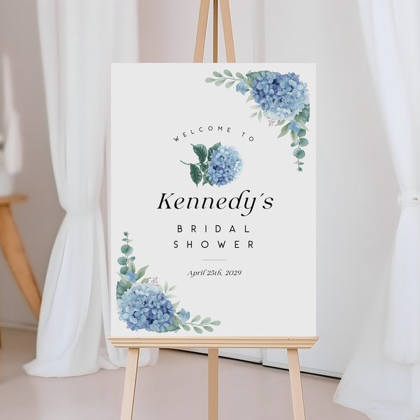 Blue Hydrangea Bridal Shower Sign, welcome, editable template, wedding shower decor, floral, instant download, 16x20, 20x30, 18x24, 24x36