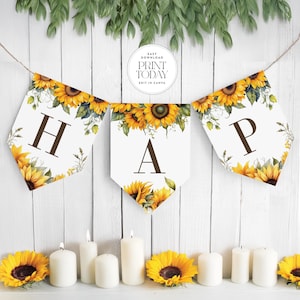 Modelo de banner de letras de girassol Canva – Bandeiras editáveis 5x7 – Formatura, aniversário, chá de panela ou chá de bebê – Soletre qualquer coisa – Baixe