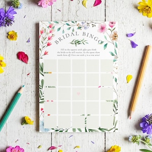 Juego de bingo nupcial, despedida de soltera bohemia con flores silvestres, Love in Bloom, juego de despedida de soltera floral, bingo de obsequios para invitados, boda en el jardín, 5x7, actividad fácil