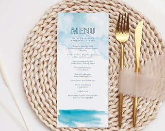 Ocean Menu Card, editable template, beach wedding, lakeside rehearsal dinner, luncheon, watercolor, dinner party, instant download, 3.75x9