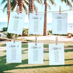 May include: Six white cards with guest names and table numbers, labeled "Table 1" through "Table 6", are clipped to a rope with wooden clothespins. The cards are displayed outdoors with palm trees and a beach in the background.