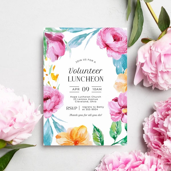 Luncheon Invitation, editable template, volunteer appreciation, staff recognition, church fundraiser, spring floral, instant download, 5x7