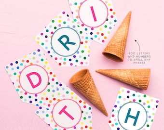 Banner de letras con lunares arcoíris: Decoración editable para fiesta de cumpleaños (Descarga instantánea en PDF)