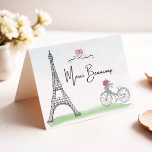 Carte de remerciement imprimable en Français, fête d'anniversaire à Paris, mariée ou baby shower, tour Eiffel, téléchargement immédiat, blanc à l'intérieur, 5 x 3,5 plié
