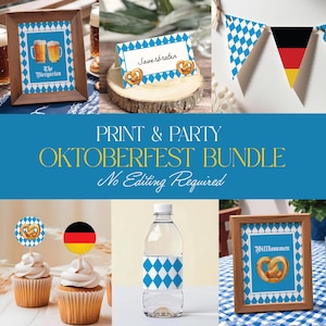 May include: Printable Oktoberfest party decorations including a banner, cupcake toppers, water bottle labels, and table cards. The designs feature blue and white checked patterns, pretzels, beer steins, and the German flag.