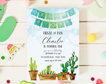 Fiesta Birthday Party Invitation, Editable, Blue, Cactus, Mexican, Children's Birthday, Any Age, Papel Picado, Instant Download, 5x7