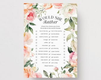 Peony Bridal Shower Game: Would She Rather Printable (PDF)