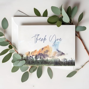 Carte de remerciement de la montagne, aquarelle, baby shower de la petite exploratrice, mariage aventure, camping, blanc à l'intérieur, modèle de toile, 5 x 3,5 pouces plié
