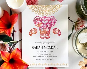 Indian Elephant Party Invitation: Pink & Orange Template (5x7, Digital Download)