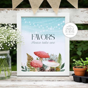Woodland Toadstool &quot;Favors – Please Take One&quot; Sign, Mushroom, Forest Baby or Bridal Shower, Birthday Party, 5x7 & 8x10, Printable, Download