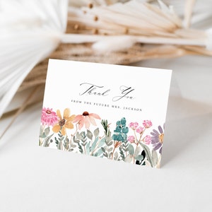 Wildflower Thank You card, editable template, floral bridal or baby shower, printable greeting card, instant download, 5x3.5 folded