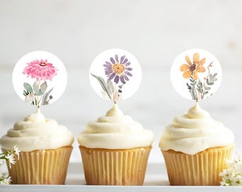 Wildflower Cupcake Toppers, Printable Dessert Table Decor, Garden Shower, Instant Download