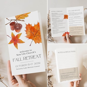 Puede incluir: Un folleto de retiro religioso de tres paneles con ilustraciones en acuarela de hojas de otoño naranjas y amarillas y bellotas marrones. El texto de la portada dice: welcome to New Life Church's FALL RETREAT OCTOBER 15-17, 2029.