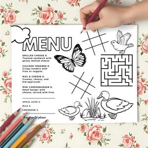 Menú de restaurante para niños, plantilla editable, animales, naturaleza, juegos, plantilla Canva, menú infantil, página de actividades, mantel para colorear, descargar