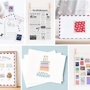 May include: A set of printable digital papers featuring colorful postage stamps with various designs, including flowers, hearts, and geometric patterns. The papers are perfect for crafting projects, scrapbooking, and card making.