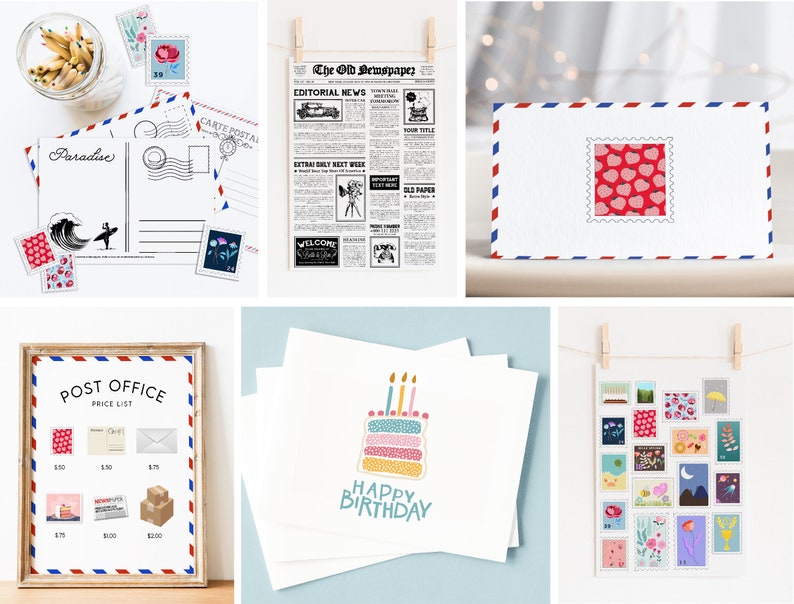 May include: A set of printable digital papers featuring colorful postage stamps with various designs, including flowers, hearts, and geometric patterns. The papers are perfect for crafting projects, scrapbooking, and card making.