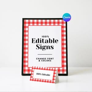 May include: A vertical rectangular sign in a black frame and a smaller matching tent card, both featuring a red and white gingham border. The sign displays the text 100% Editable Signs, Change Font & Colors, and the tent card displays 100% Editable.